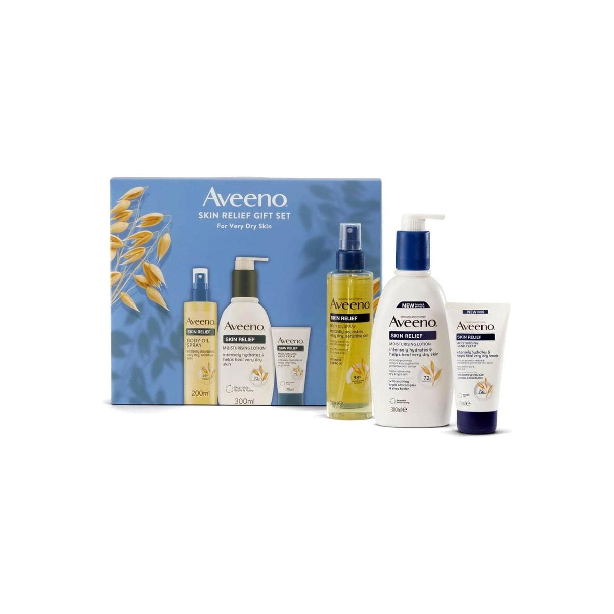 Aveeno „Skin Relief“ rinkinys – drėkinamasis losjonas, purškiamasis aliejus ir rankų kremas